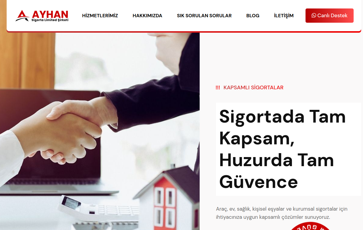 Ayhan Sigorta ana sayfa ekran görüntüsü
