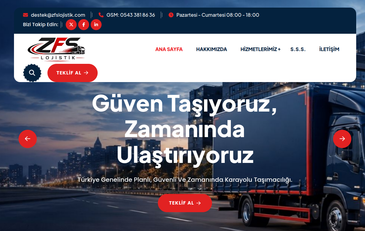 ZFS Lojistik ana sayfa ekran görüntüsü